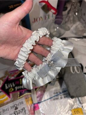 White Satin Garter with Bow and Jewel Accent